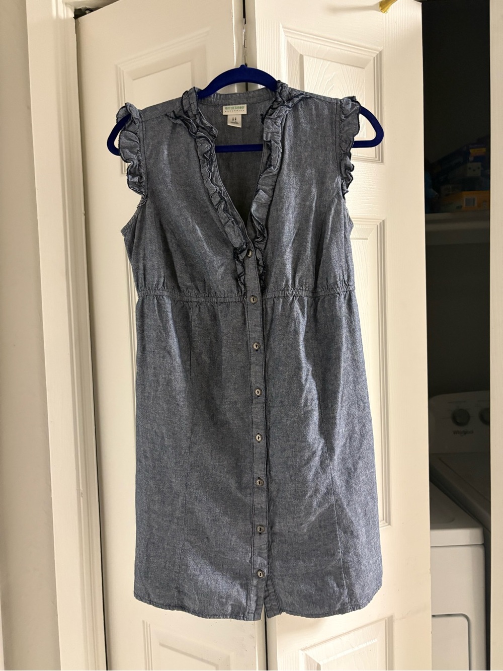 Motherhood Sleeveless Chambray Ruffle Button-Front Mini Dress - Gray